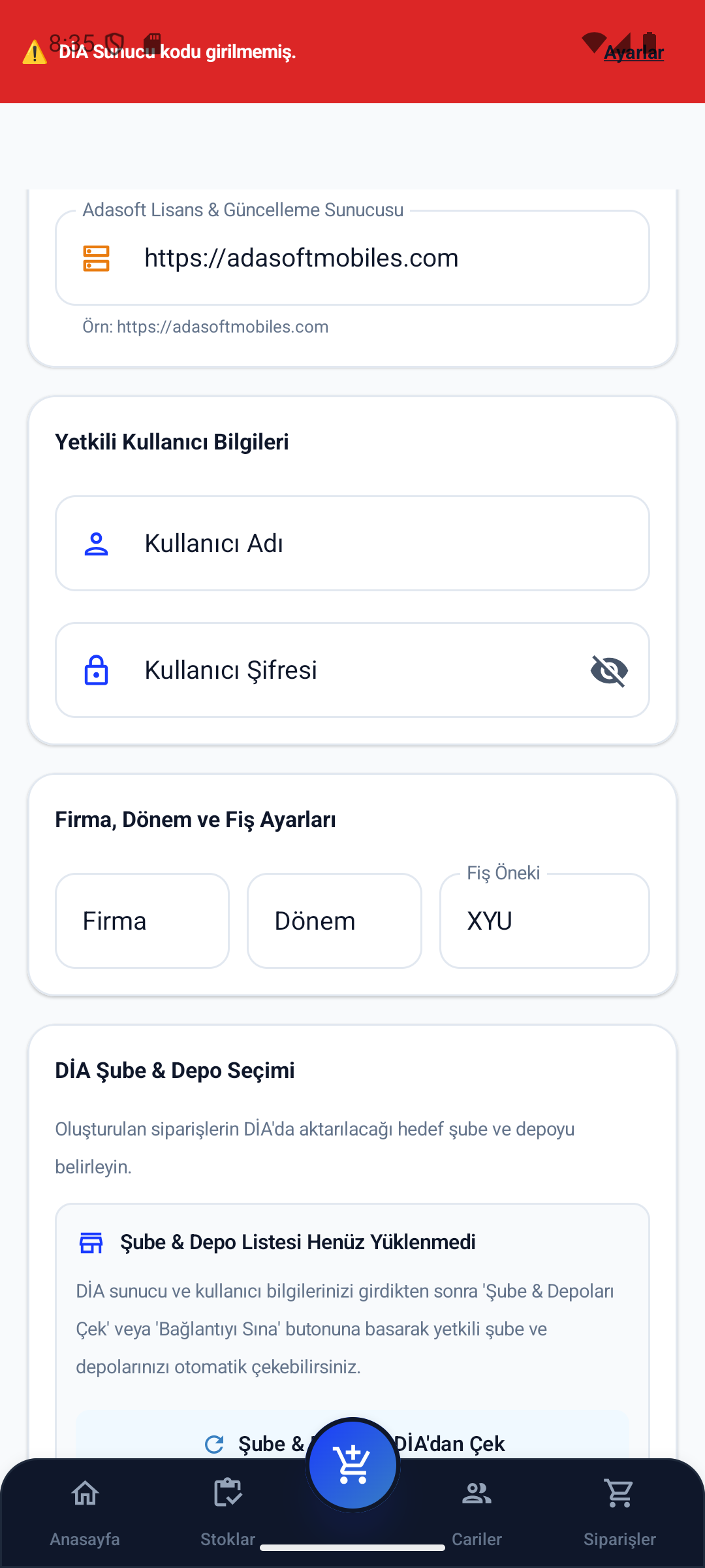 Şube Depo Ayarları